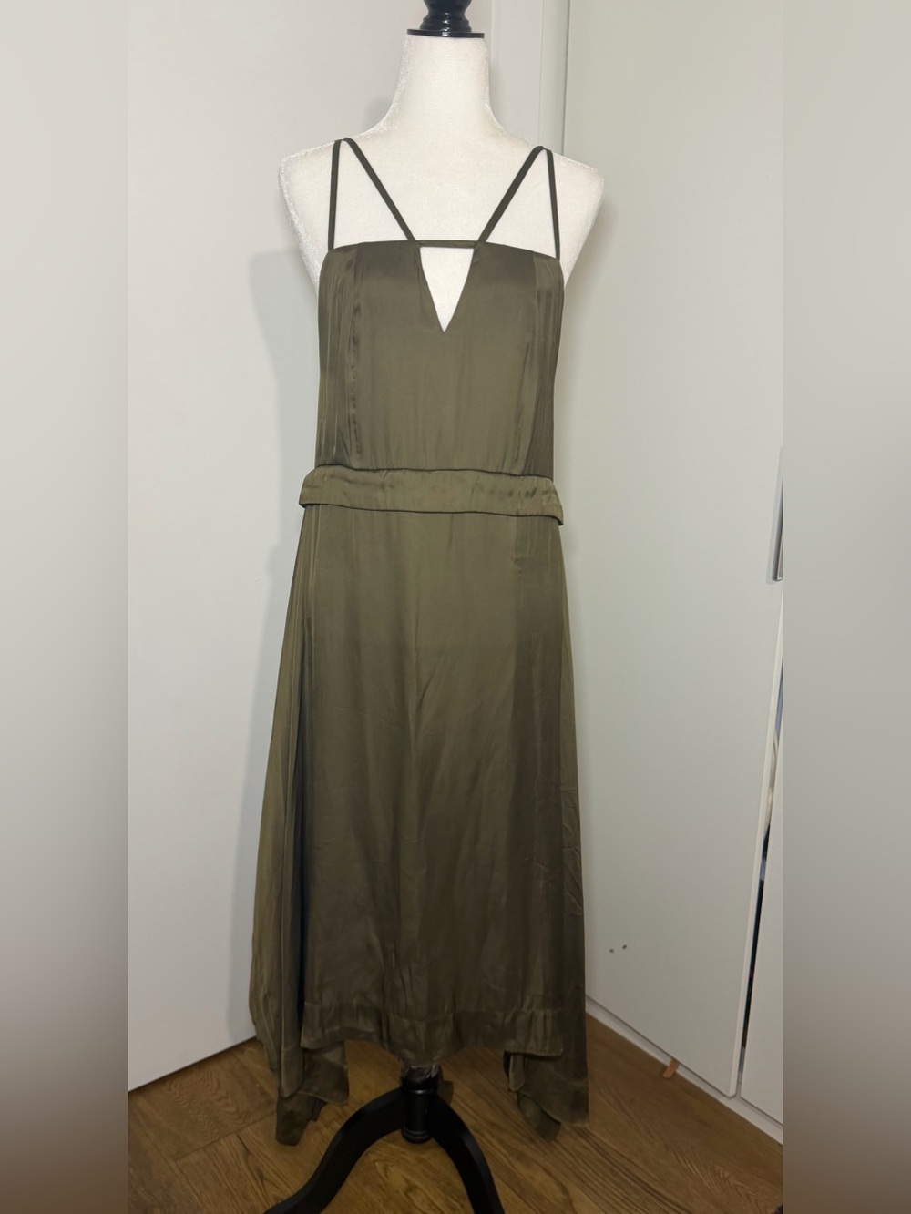 H&M Olive/ khaki silky Cage strap handkerchief hem dress -6 (see measurement )